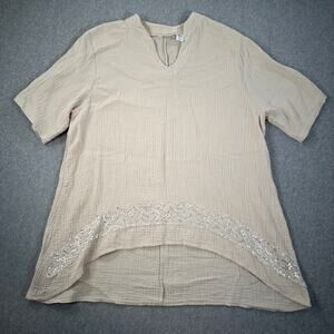 Kaktus Gauzy High Low Tunic Top Womens Large Beige Lace Sequin Trim Short Sleeve